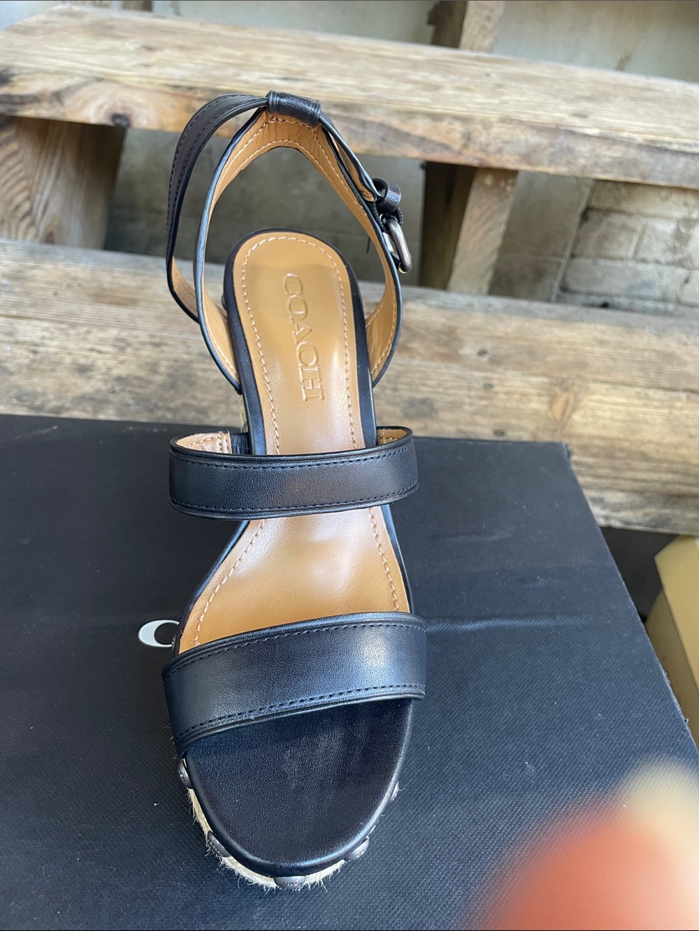 Coach Black Leather Women's Ankle-Strap Espadrille Sandal